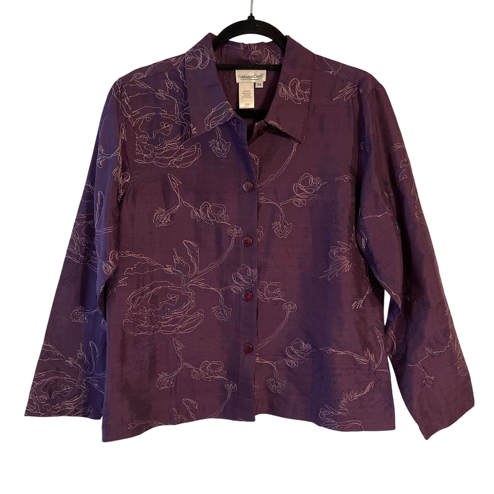Coldwater Creek Purple Silk‎ Blend Floral Embroidered Button Down Jacket Medium